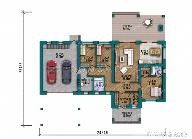 Проект дома с подвалом, гаражом, навесом, тремя спальнями и террасой / План 1 этажа
