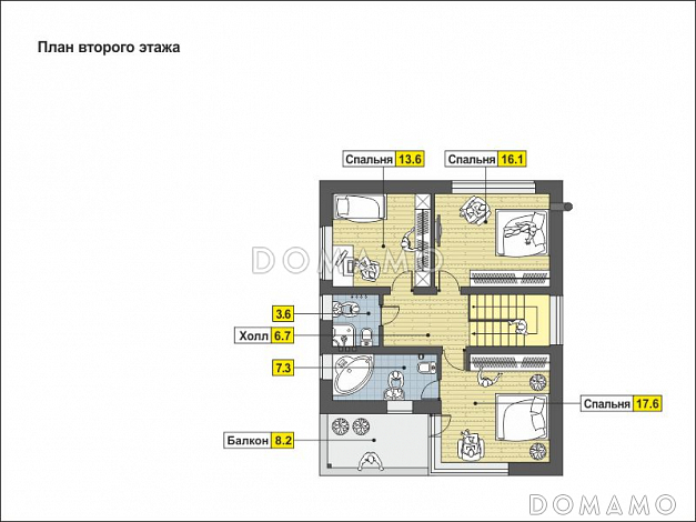 Проект дома из СИП панелей с навесом на две машины, крытой террасой, спальней на первом этаже, балконом / План мансардного этажа