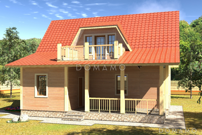 Проект недорогого дачного дома с балконом и двумя спальнями