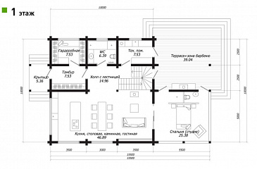 Проект двухэтажного дома из клееного бруса с панорамным остеклением в спальне / План 1 этажа