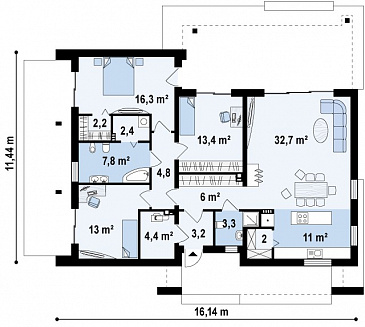 Проект современного одноэтажного дома из кирпича с тремя спальнями и необычными элементами дизайна / План 1 этажа