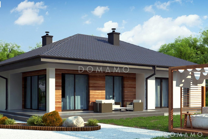 Проект компактного одноэтажного дома из газобетона с тремя спальнями и светлой просторной гостиной