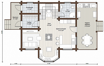 Проект двухэтажного коттеджа с эркером первого этажа, который переходит в балкон / План 1 этажа