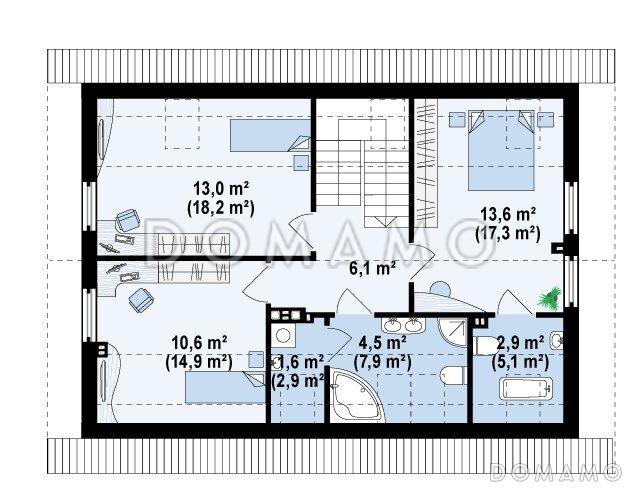 Проект одноэтажного мансардного дома из кирпича с дополнительной спальней и кабинетом на первом этаже / План мансардного этажа