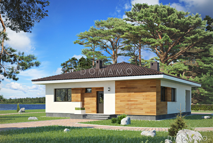 Проект одноэтажного дома из пенобетона с тремя спальнями и крытой террасой