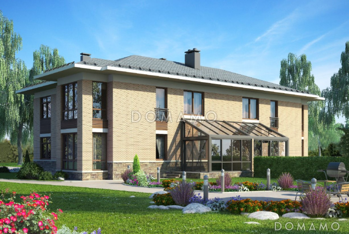 Проект двухэтажного дома для двух семей с зимним садом