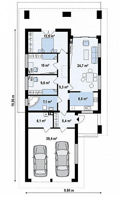 Проект одноэтажного дома из газобетона с тремя спальнями, гаражом на два автомобиля и уютной крытой террасой / План 1 этажа