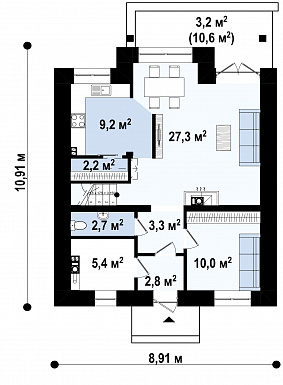Проект загородного с отделкой фасадов кирпичом, кладовой, с террасой, балконом / План 1 этажа