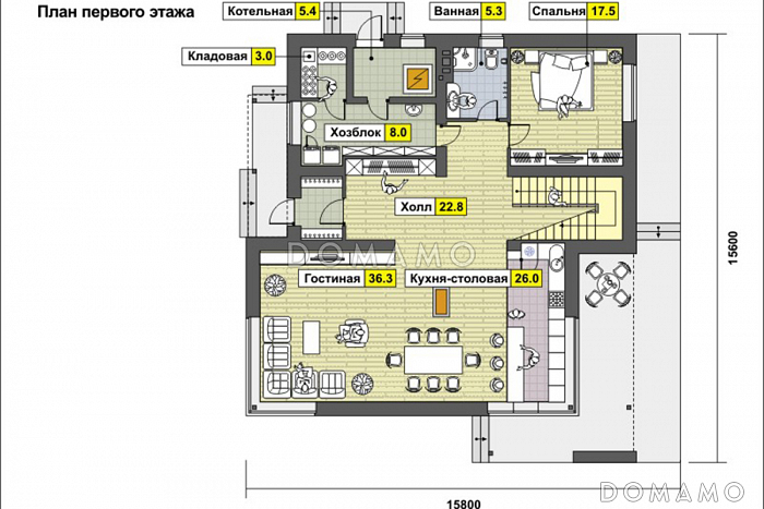Проект дома по технологии ЛСТК со спальней на первом этаже, ванной с окном, вторым светом в гостиной, двумя балконами / План 1 этажа