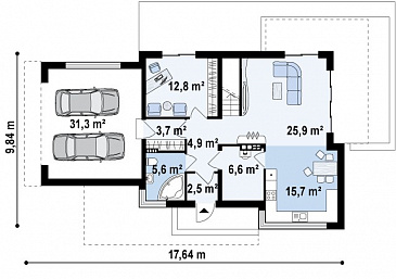 Проект двухэтажного дома из газобетона в стиле модерн, с четырьмя спальнями, кабинетом и гаражом / План 1 этажа