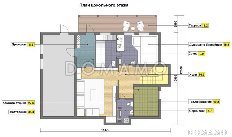 Проект каркасного дома с цокольным этажом и небольшим бассейном / План цокольного этажа