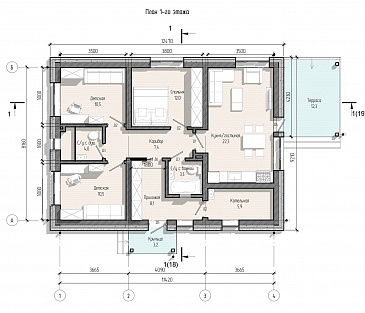 Проект дома с тремя спальнями, кухней-гостиной, большой прихожей и котельной / План 1 этажа