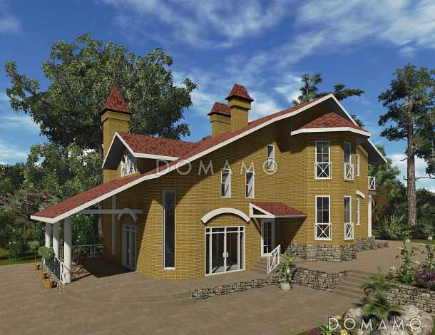 Проект двухэтажного коттеджа с цоколем, с двумя эркерами, балконом и двумя террасами