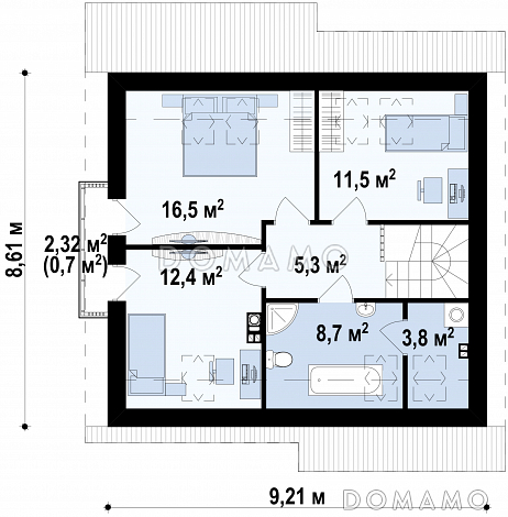 Проект мансардного дома из газобетона с кабинетом, тремя спальнями и балконом / План мансардного этажа