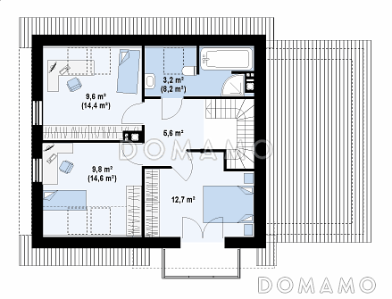 Проект одноэтажного мансардного дома из газобетона с гаражом и тремя спальнями / План мансардного этажа