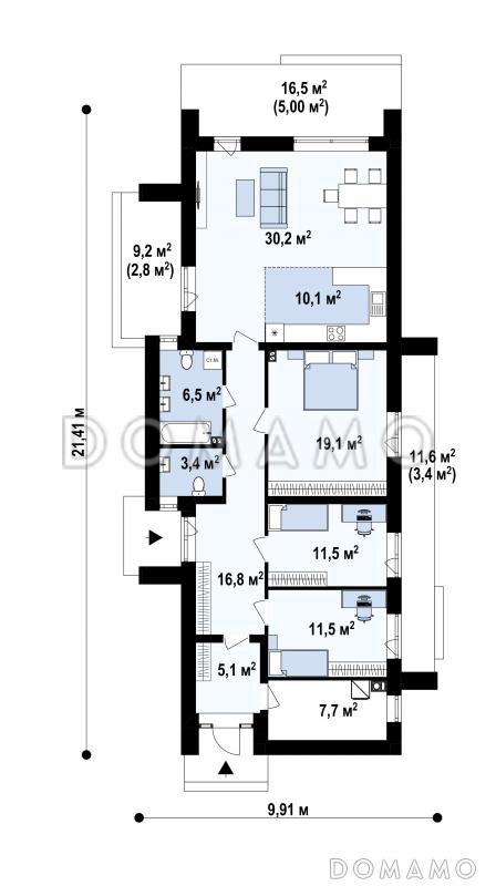 Проект загородного дома для узкого участка с террасами, двумя санузлами, объединенной кухней и гостиной / План 1 этажа