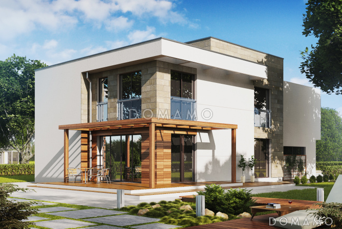 Проект двухэтажного загородного дома с гаражом на 2 автомобиля, террасой, большой кухней, кабинетом