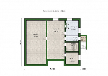 Проект трехуровневого дома с 3 спальнями, балконом и большим подвалом / План цокольного этажа
