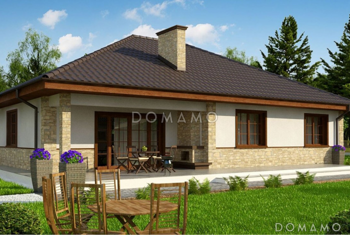 Проект одноэтажного загородного дома с гардеробной в прихожей, просторной гостиной,  тремя спальнями, террасой