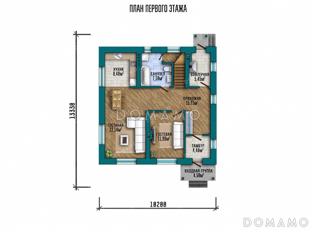 Проект двухэтажного дома с тремя спальнями и вальмовой крышей / План 1 этажа