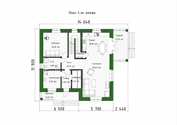 Проект двухэтажного дома из газобетона с террасой, кабинетом и 3 спальнями / План 1 этажа