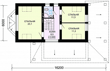 Проект великолепного дома из темного кирпича с верандой и зеленой крышей / План мансардного этажа