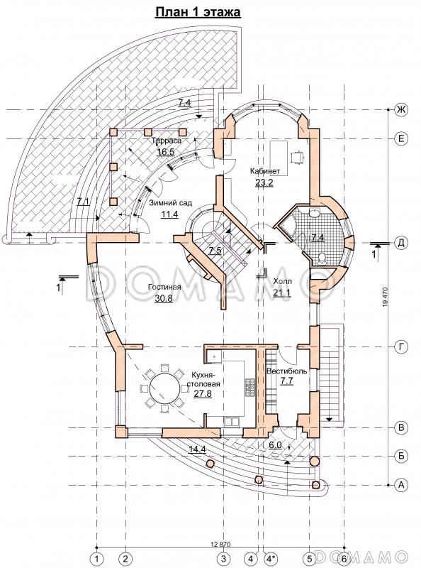 Проект современного дома с мансардным и цокольным этажом / План 1 этажа
