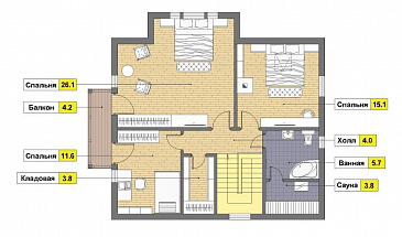 Проект дома из пеноблоков в стиле фахверк с сауной на мансардном этаже / План мансардного этажа