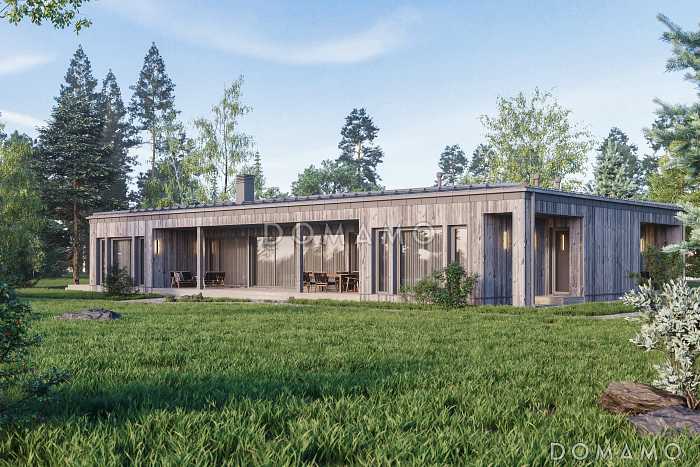 Проект одноэтажного каркасного дома с 3 спальнями и просторной крытой террасой