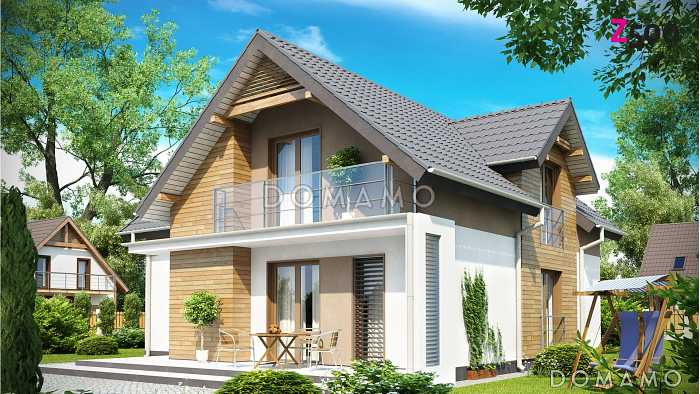 Проект мансардного дома из кирпича с лоджией и гаражом