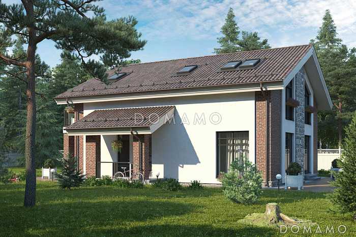 Проект двухэтажного каркасного дома с крытой террасой, сауной и балконом