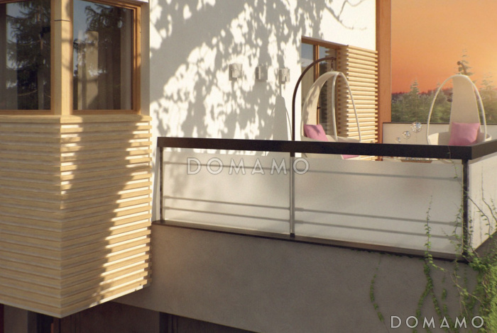 Проект современного двухэтажного дома из кирпича с техническим помещением, гаражом и открытой террасой на втором этаже