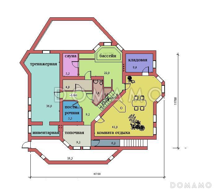 Проект двухэтажного дома с цоколем и мансардой, с сауной, бассейном и вторым светом  / План цокольного этажа