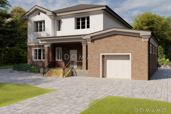 Проект двухэтажного дома с совмещенными гостиной, столовой, холлом и кухней