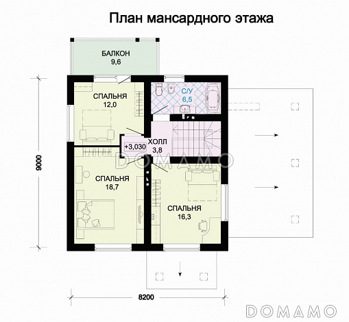 Проект дома из газобетона с навесом для автомобиля / План мансардного этажа