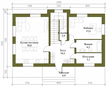Проект компактного двухэтажного коттеджа из СИП панелей с пятью спальнями / План 1 этажа