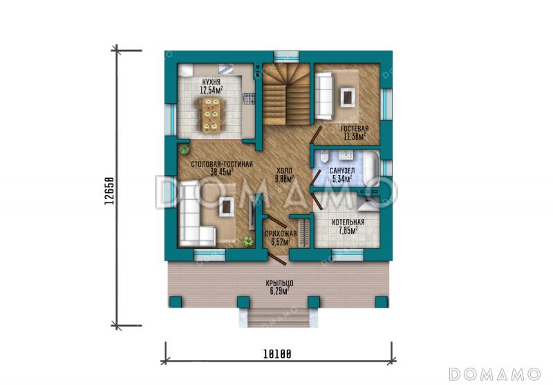 Проект компактного дома с мансардой, 4 спальнями и большим балконом / План 1 этажа