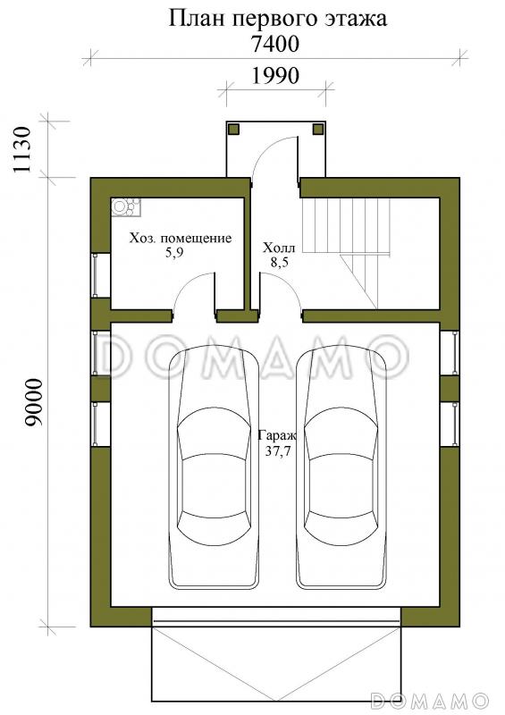 Проект гаража на два машиноместа с мансардой / План 1 этажа