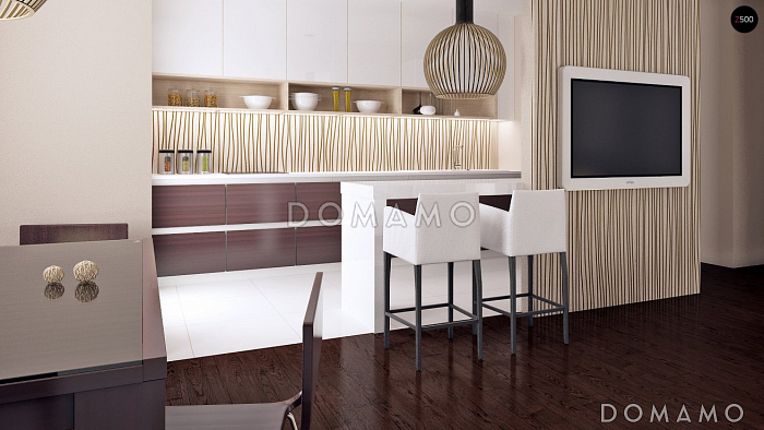 Проект квадратного одноэтажного дома из газобетона с четырьмя комнатами и гаражом для большой семьи