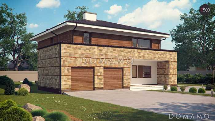 Проект современного двухэтажного дома из газобетона с четырьмя спальнями, сауной и большим гаражом