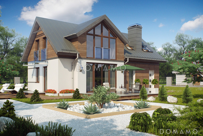 Проект одноэтажного мансардного дома из газобетона с гаражом и большим фронтонным окном