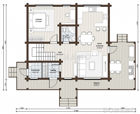 Проект дома с большой детской на мансардном этаже / План 1 этажа