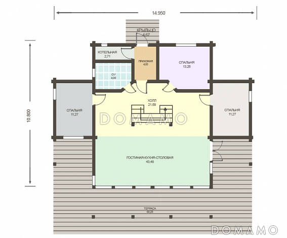 Проект дома из клееного бруса с большим холлом на мансардном этаже / План 1 этажа
