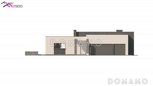 Проект просторного современного одноэтажного дома из газобетона с плоской крышей, с тремя спальнями, террасой и гаражом для трёх автомобилей / Фасад 4