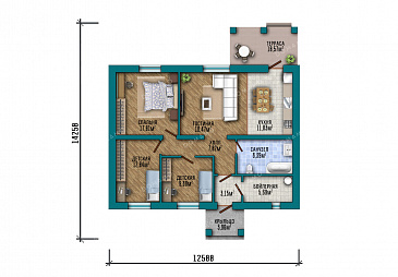 Проект одноэтажного прямоугольного дома с отделкой фасада кирпичом, одной внутренней несущей стеной, тремя спальнями и большой кухней-гостиной с выходом на крытую террасу / План 1 этажа