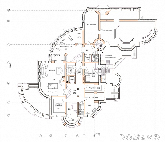 Проект коттеджа с бассейном и зимним садом в стиле северного модерна / План цокольного этажа