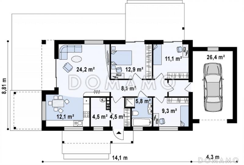 Проект одноэтажного дома из кирпича современного дизайна с пристроенным гаражом / План 1 этажа