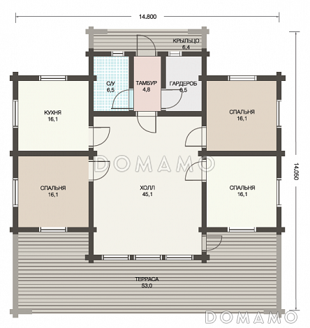 Проект одноэтажного деревянного дома из клееного бруса с изолированной небольшой кухней / План 1 этажа