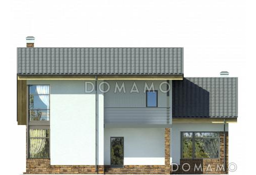 Проект загородного дома с панорамным окном в гостиной и спальне на мансардном этаже, крытой террасой с выходом из кухни-столовой, спальней на первом этаже / Фасад 3