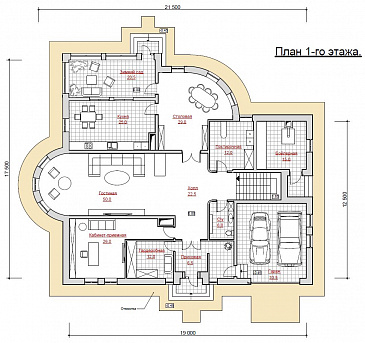 Проект двухэтажного загородного дома с мансардой / План 1 этажа